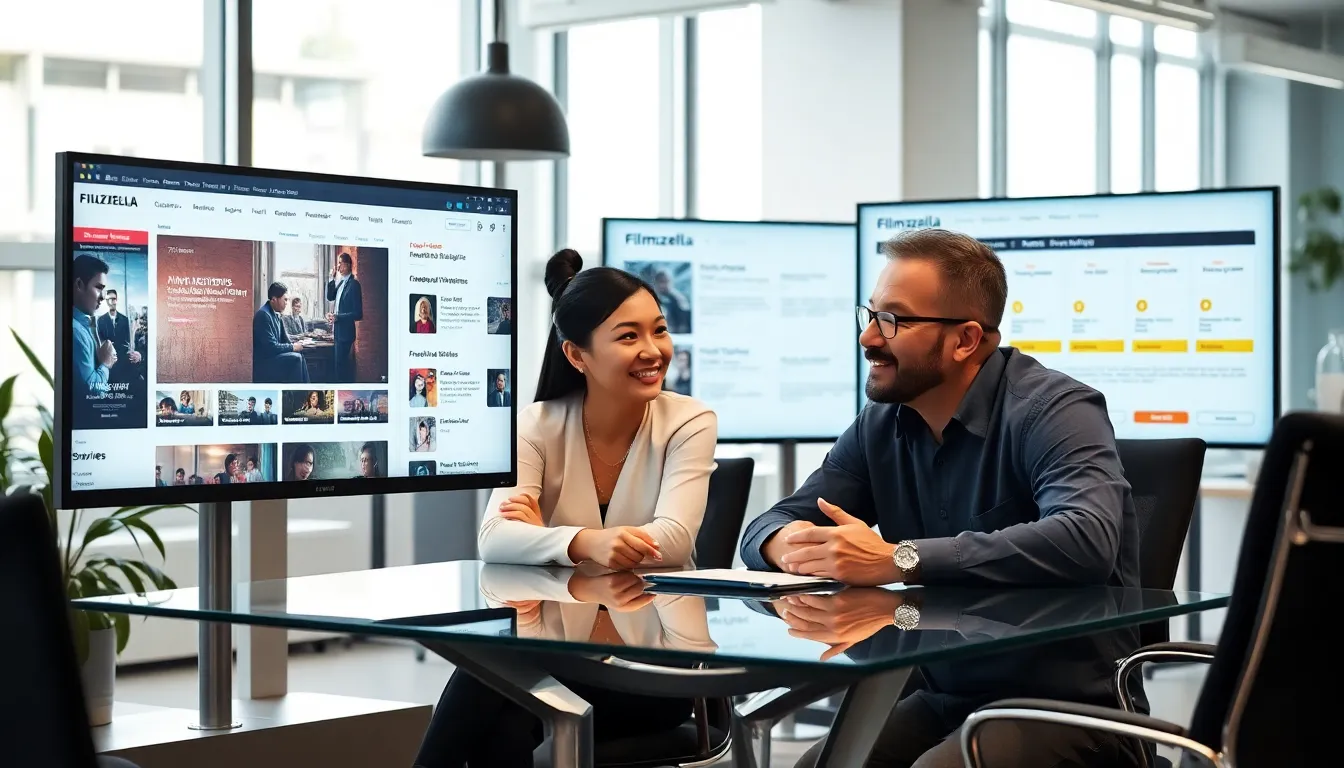 professionals discussing film reviews in a modern office setting.