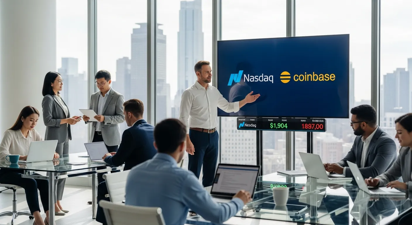 Businessman presenting Coinbase Nasdaq listing in modern U.S. office environment.