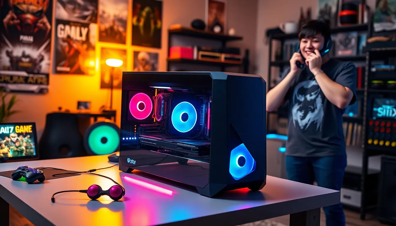 A portable gaming PC on a table with a gamer preparing for a LAN party.