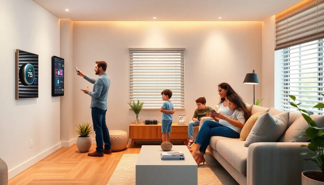 family interacting with smart home devices in a modern living room.