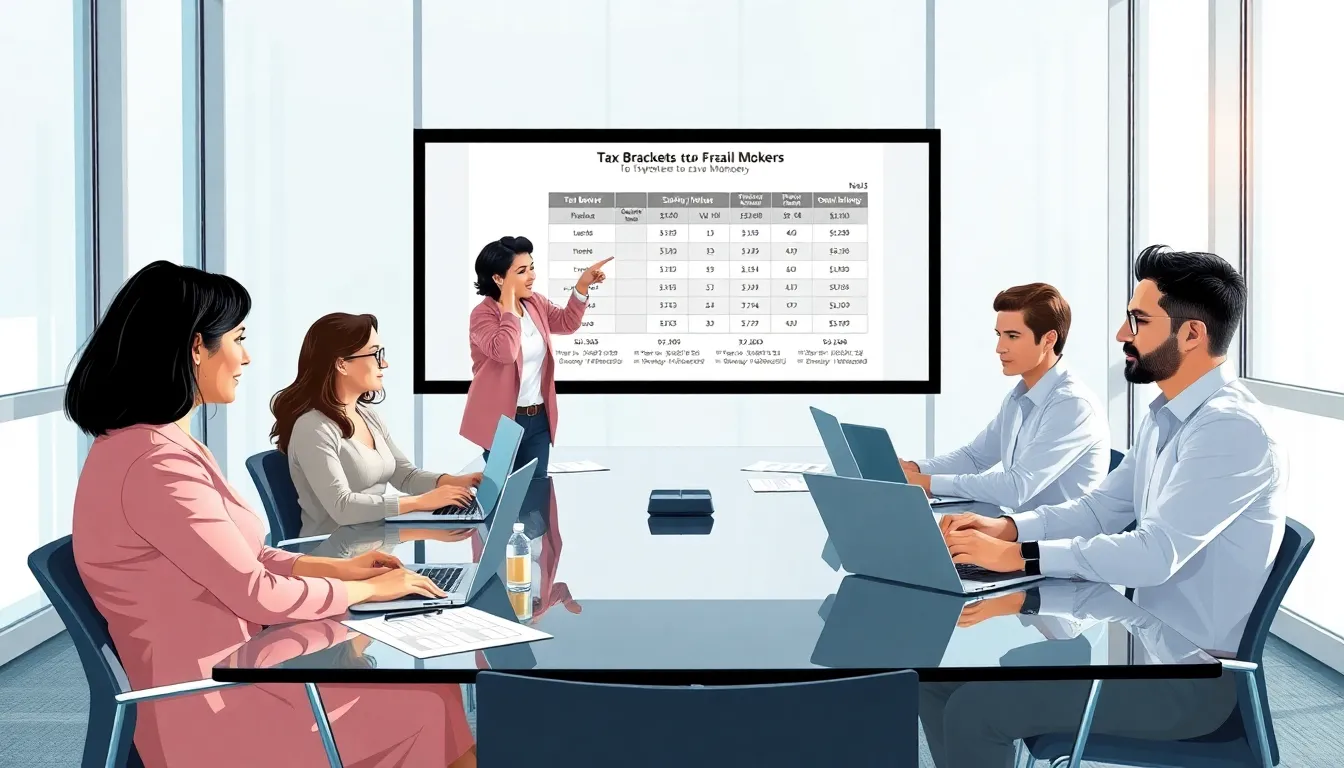 financial advisors discussing tax brackets in a modern office.