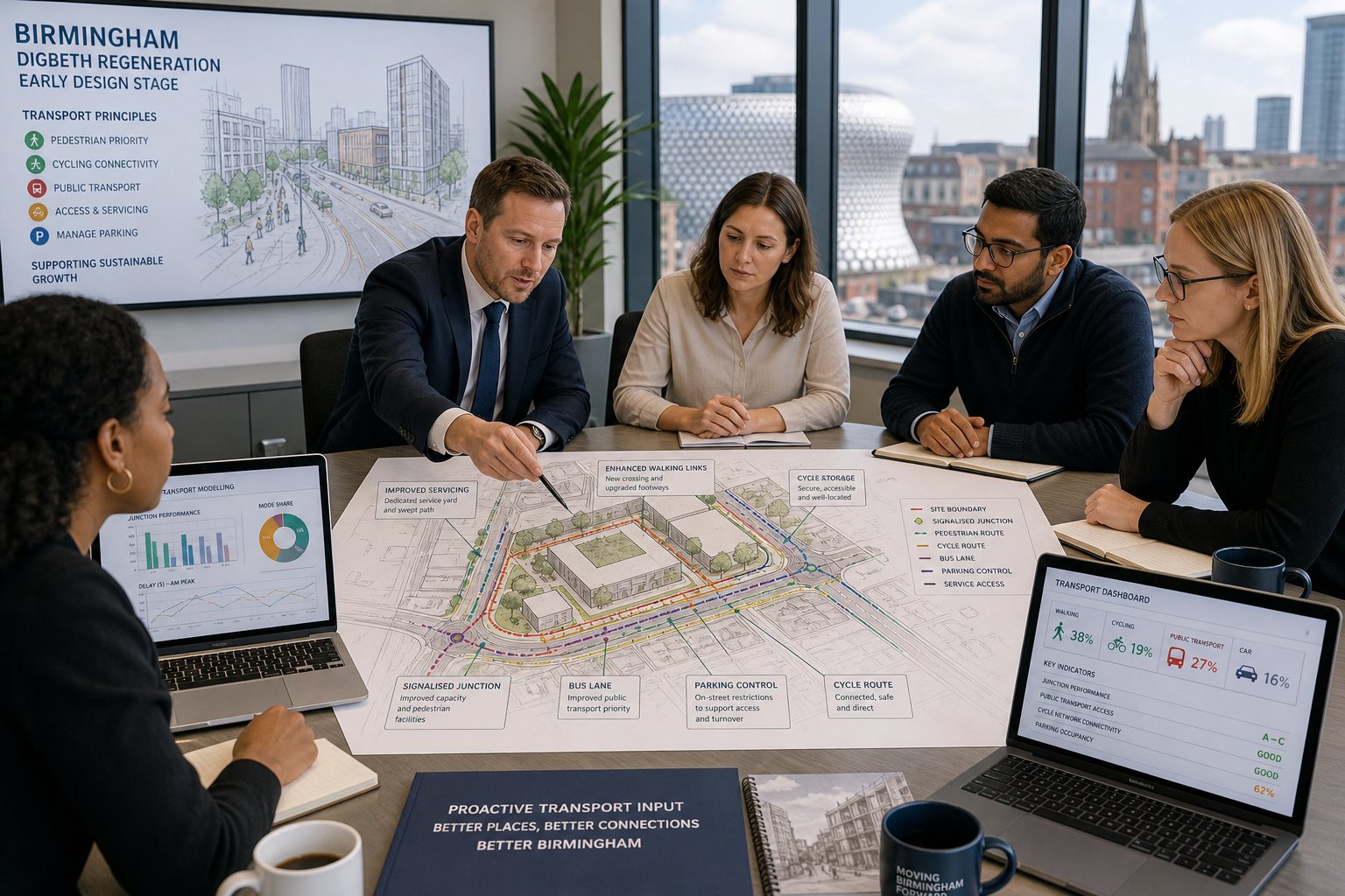 Traffic engineer reviewing Birmingham development plans with a project team.