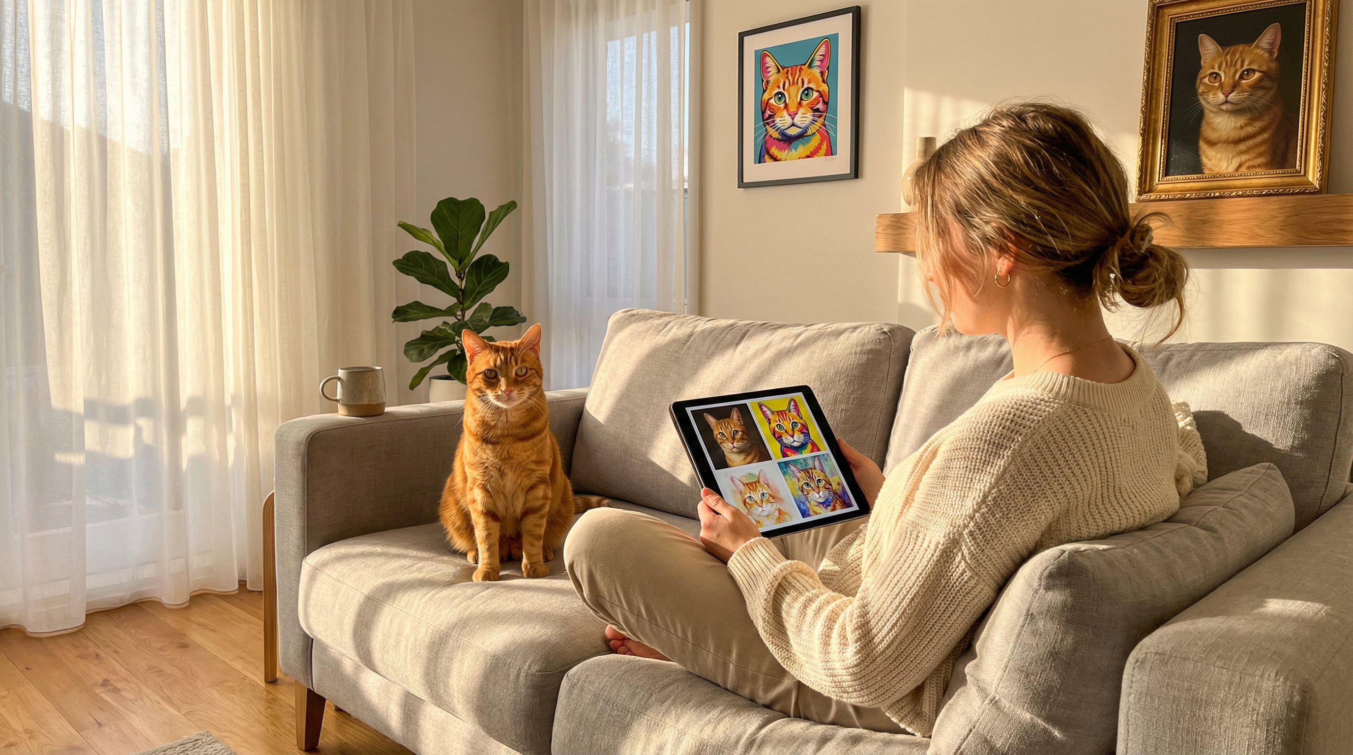 Woman comparing cat portrait styles on a tablet beside her tabby cat.
