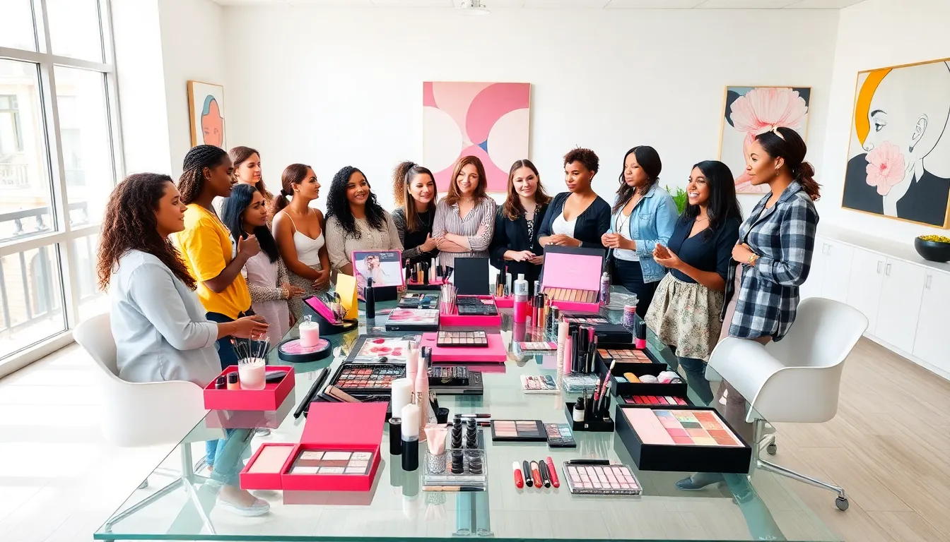 diverse beauty professionals collaborating in a modern workspace.