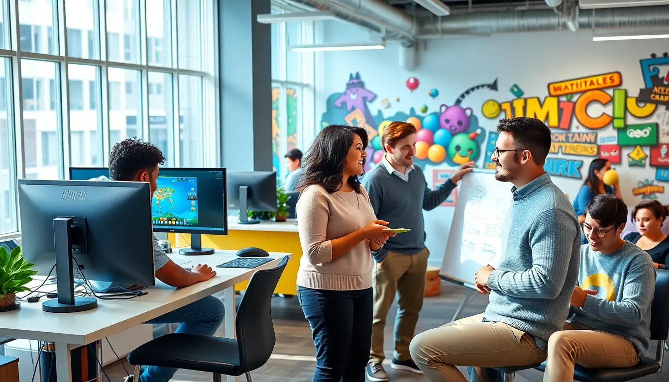 a diverse team collaborating in a modern game design office.