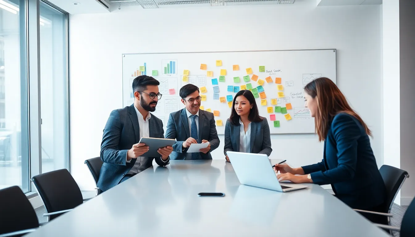 diverse team discussing innovative strategies in a modern office.