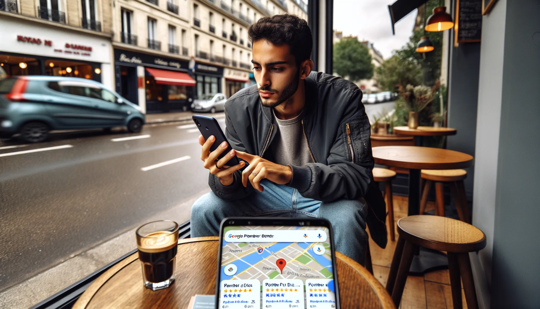 Man in a Bondy café choosing a local business from Google Maps on his phone.