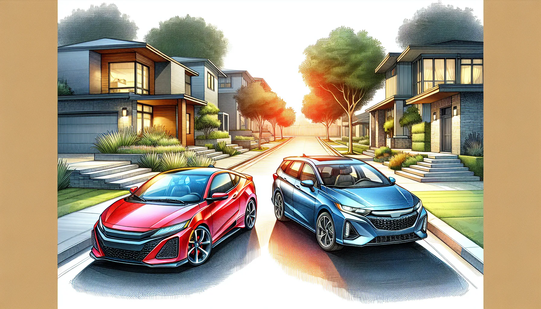 A red coupe and a blue sedan parked side by side in a driveway.