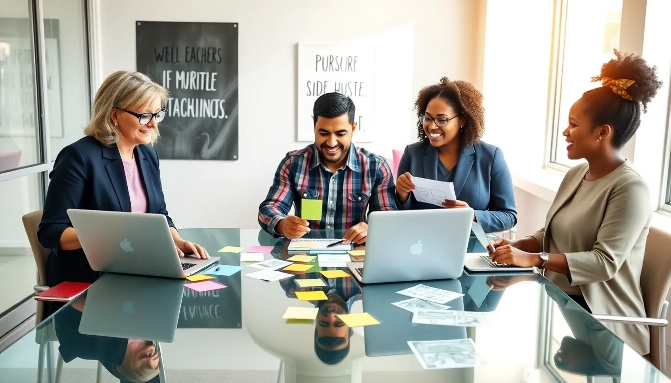 diverse teachers brainstorming side hustle ideas in a modern office.