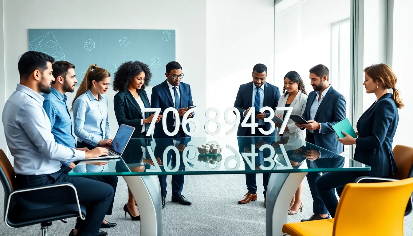 diverse professionals discussing the significance of a number in a modern office.