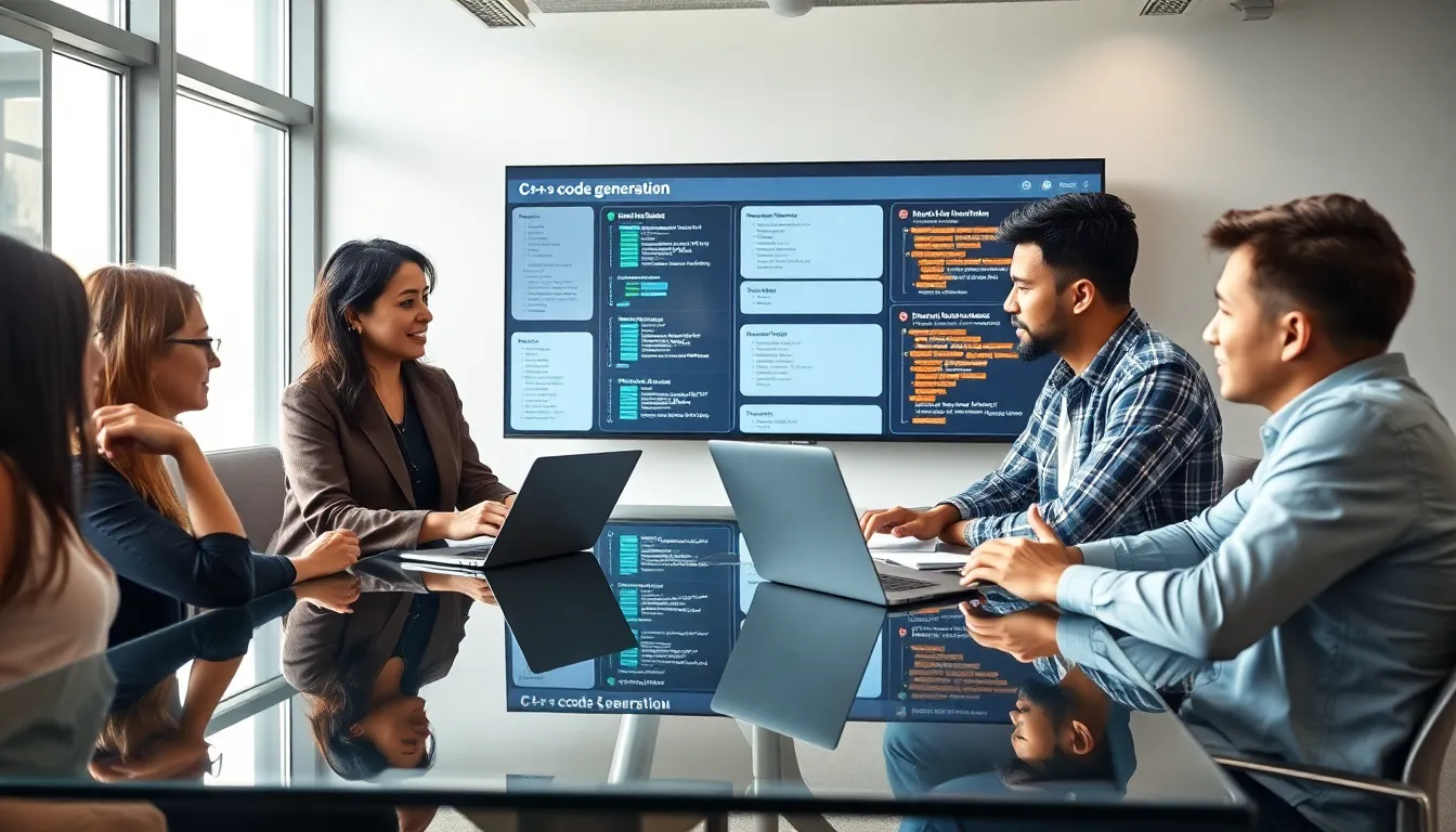 diverse team discussing C++ code generation in a modern office.