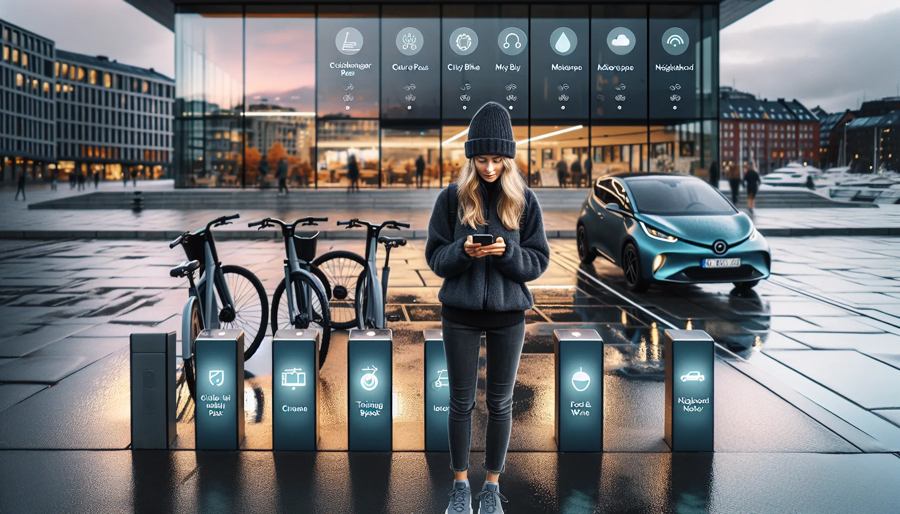 Norwegian woman uses multi-club app amid bikes, car-share, market, coworking.