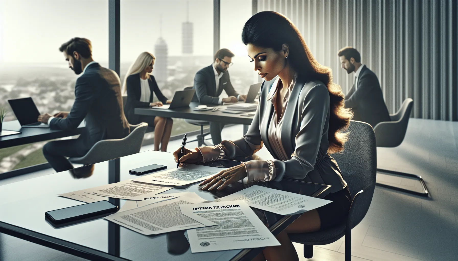 Professional woman reviewing Optima Telekom contract documents in modern Croatian office