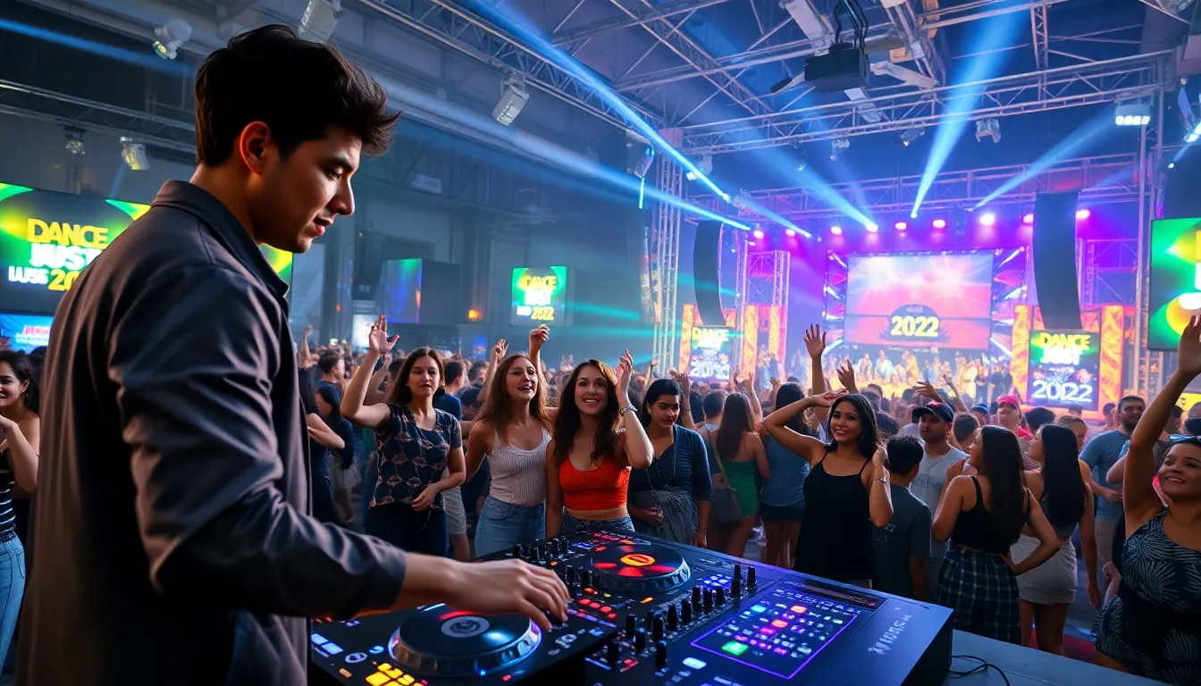 lively music festival with diverse crowd dancing to dance music.