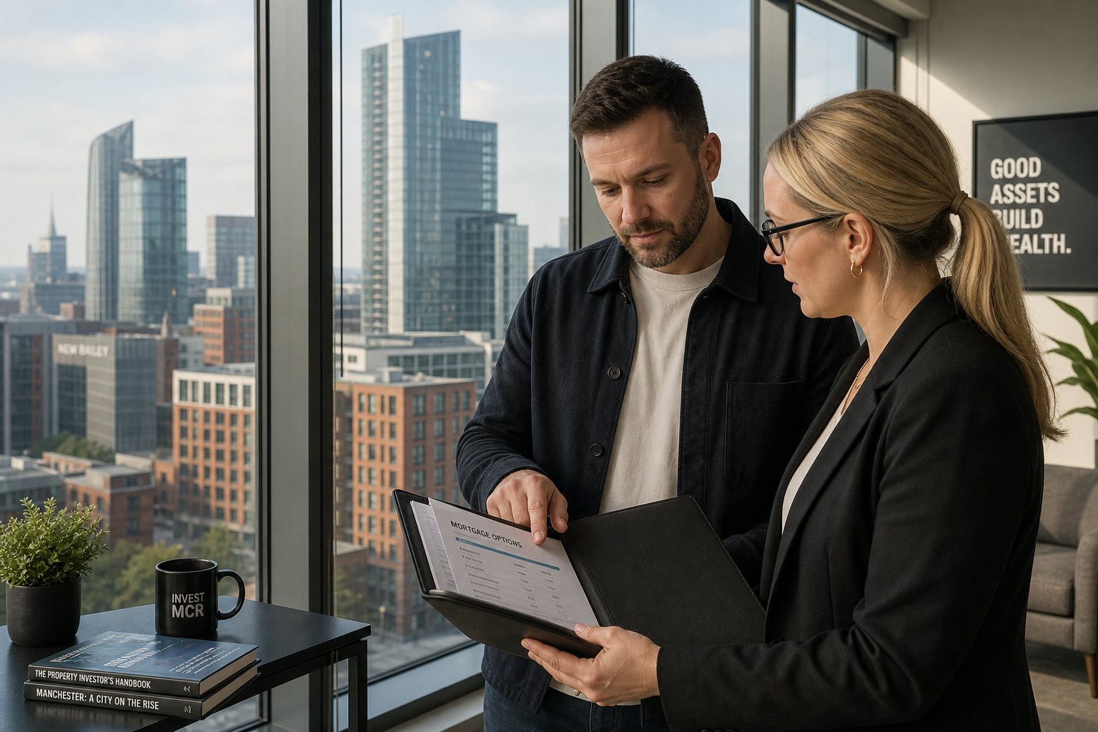 Property investor and mortgage specialist reviewing documents by window overlooking Manchester buildings.