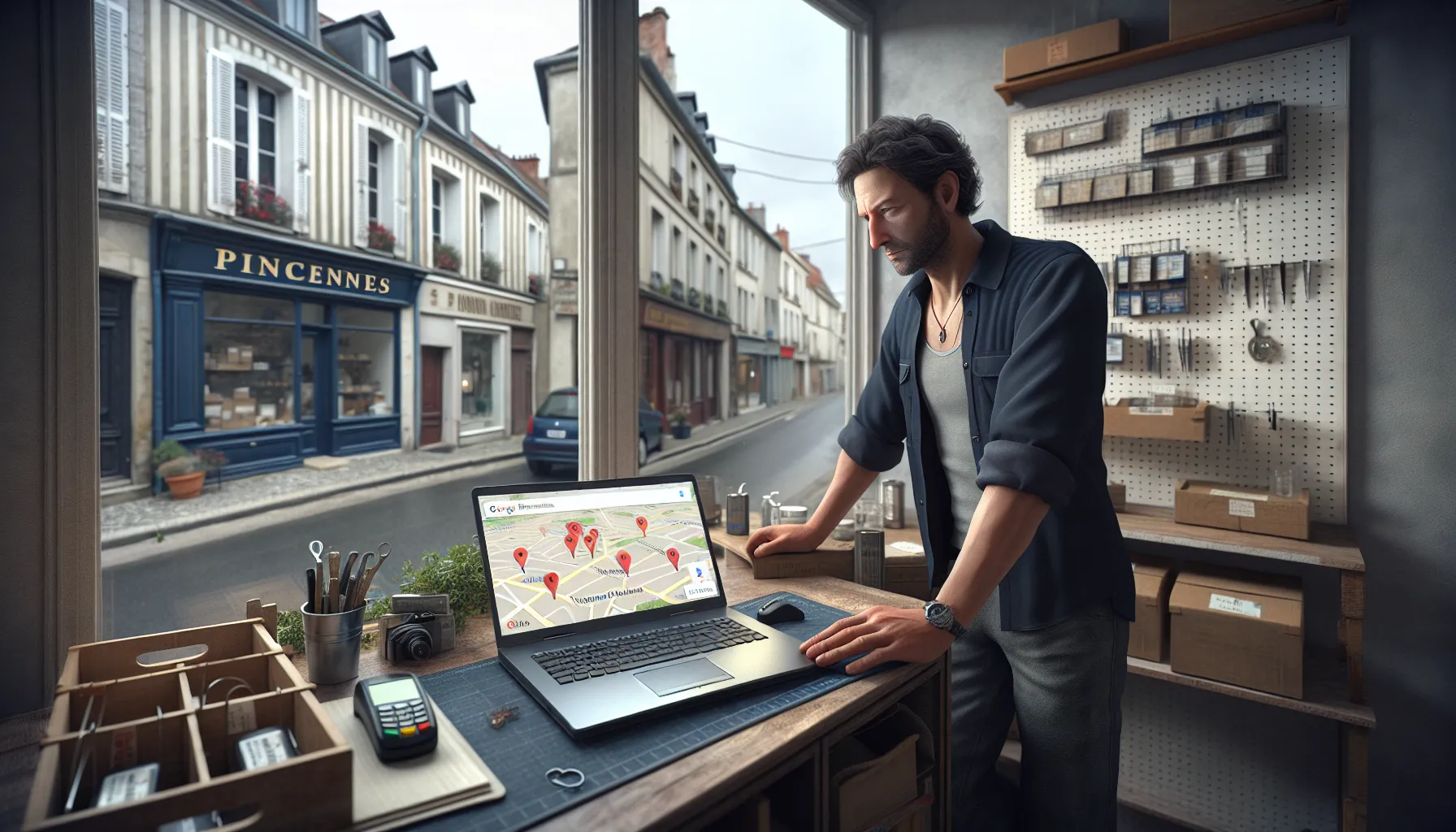 Small Vincennes shop owner checking Google search results and map on laptop.
