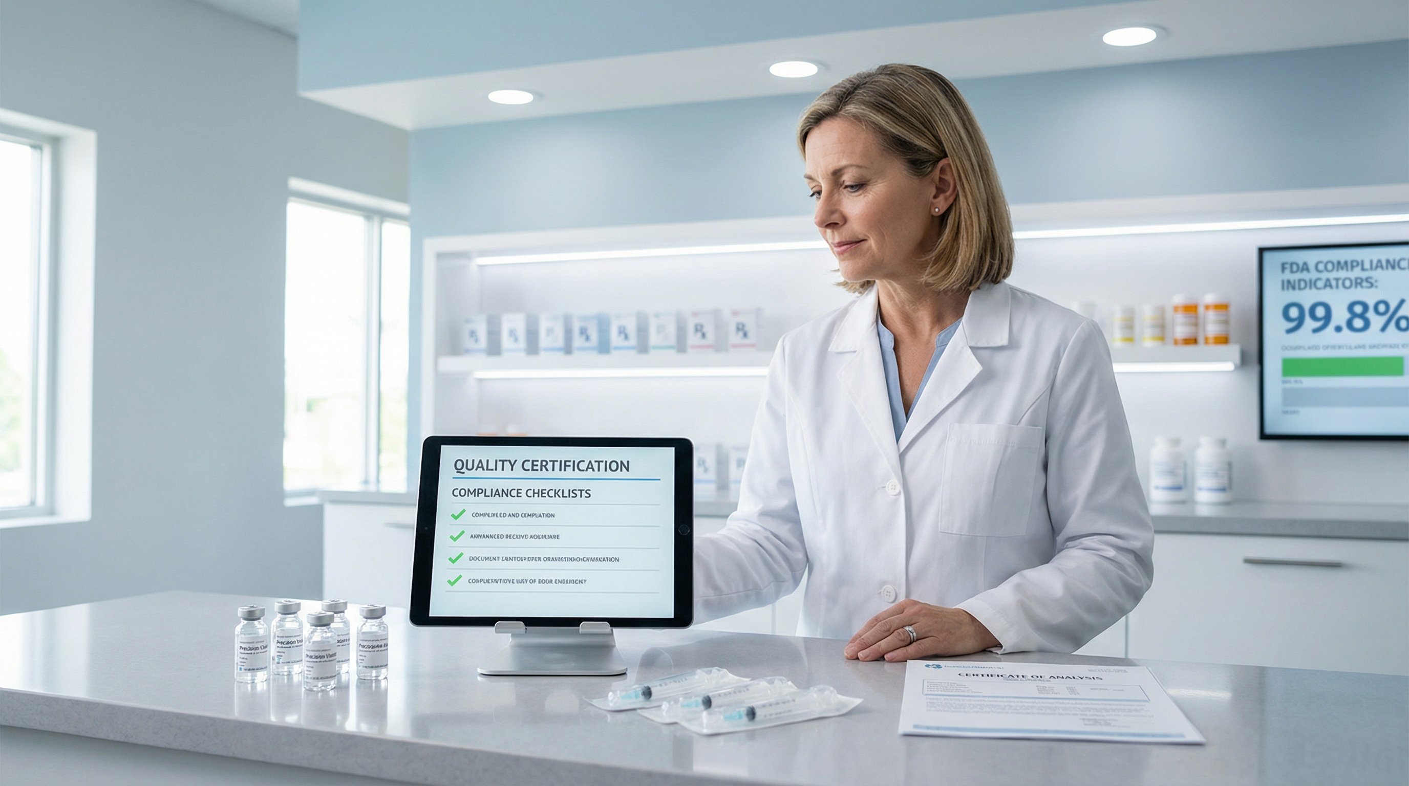 Pharmacist reviewing quality compliance documents in a modern compounding pharmacy setting.