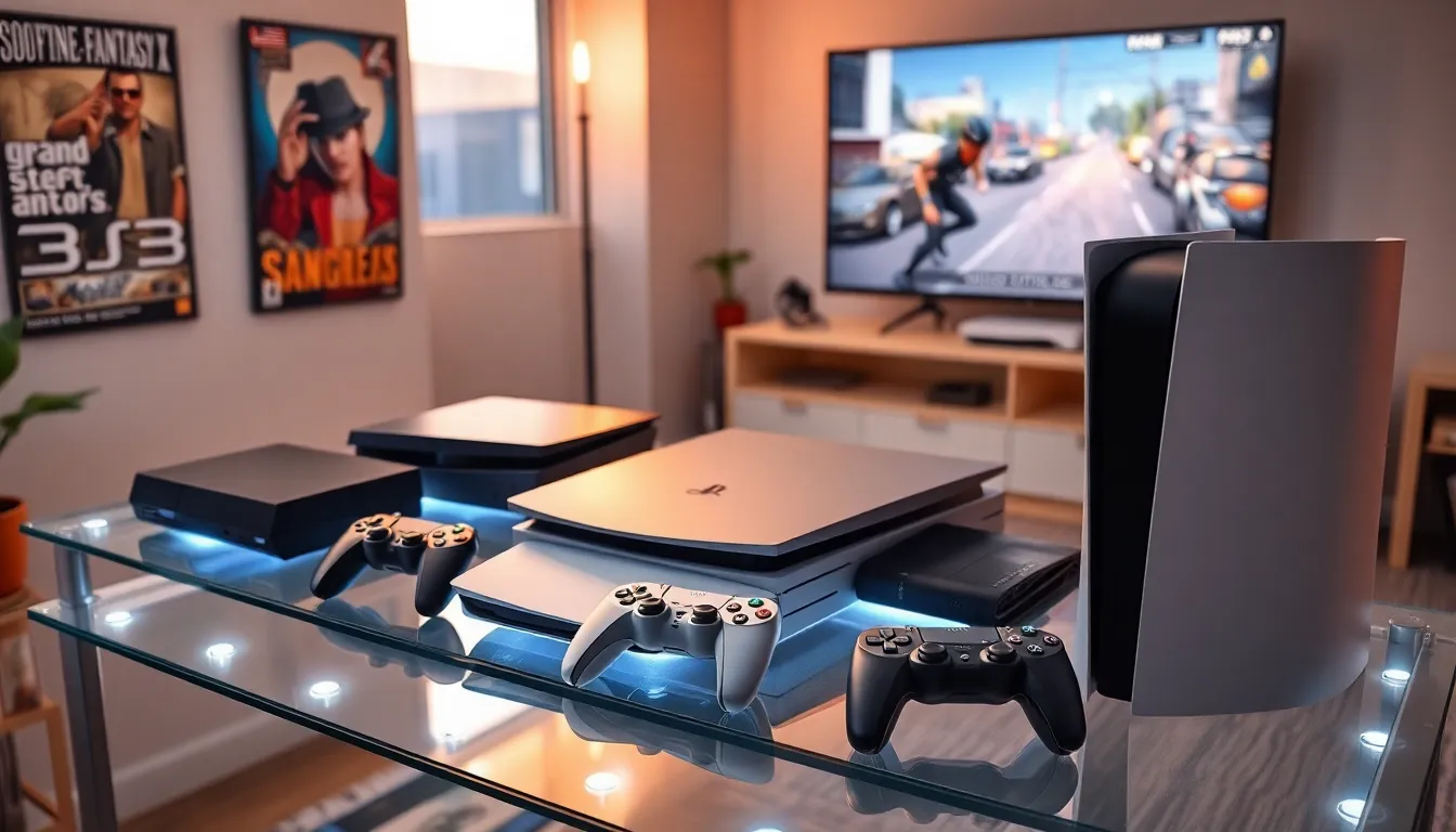 a collection of PlayStation consoles in a stylish gaming room.