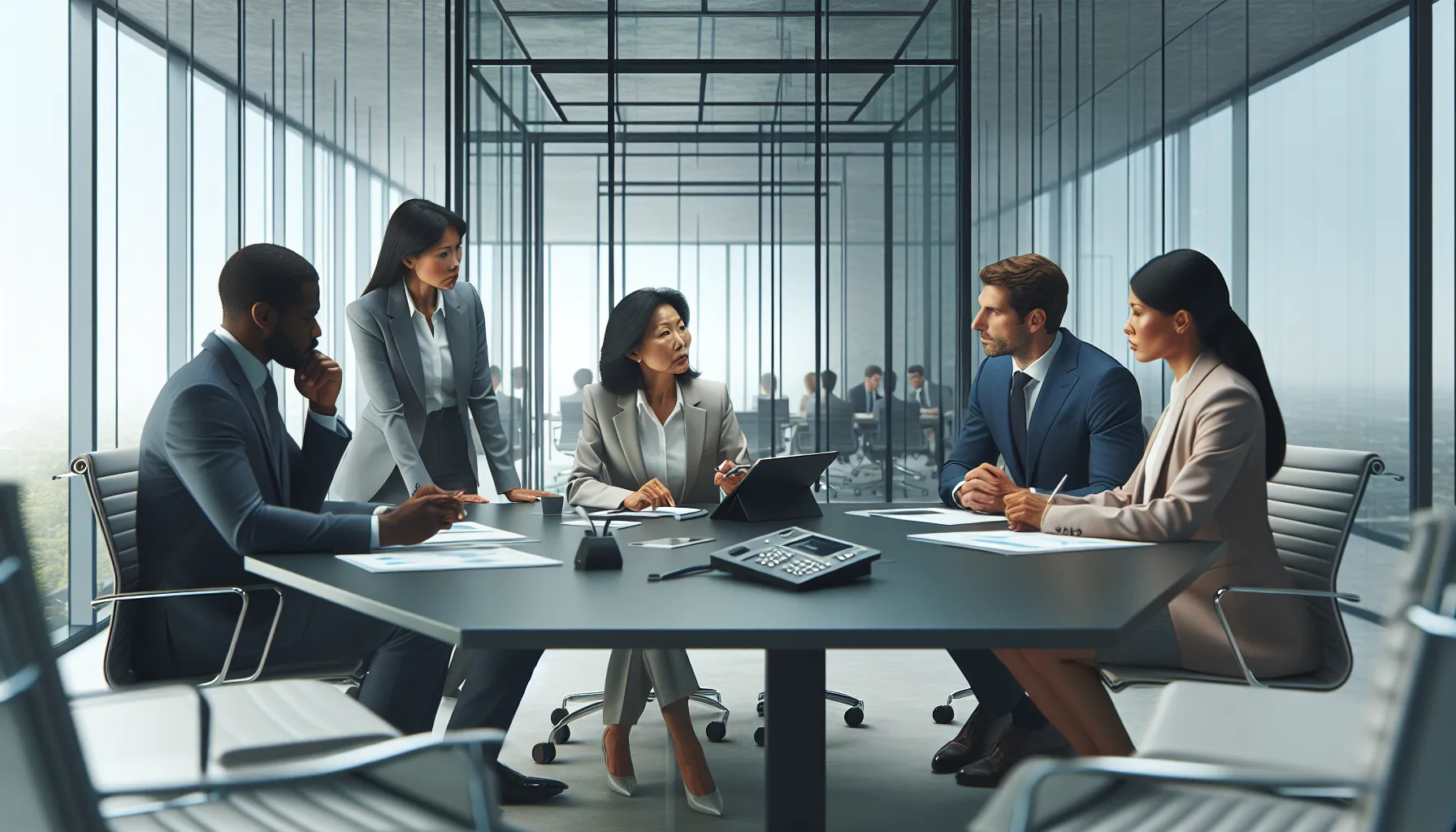 diverse team discussing phone call identification in a modern office.