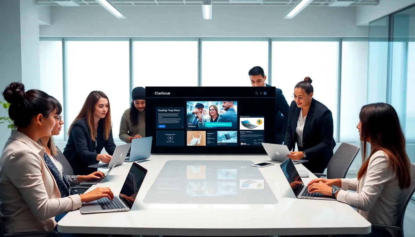 diverse team collaborating around the Charliievue platform in a modern office.