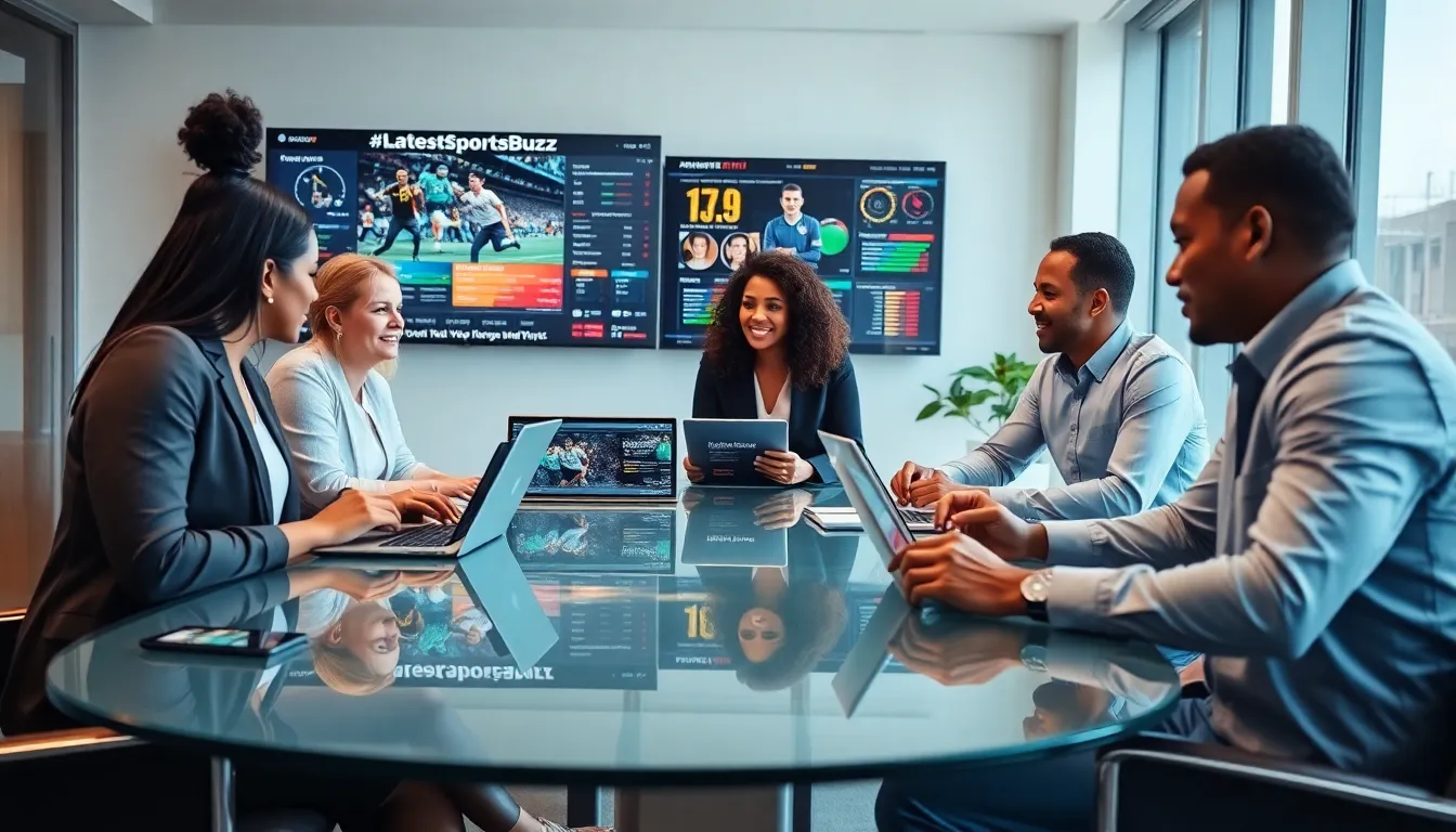 diverse team discussing sports updates in a modern office.