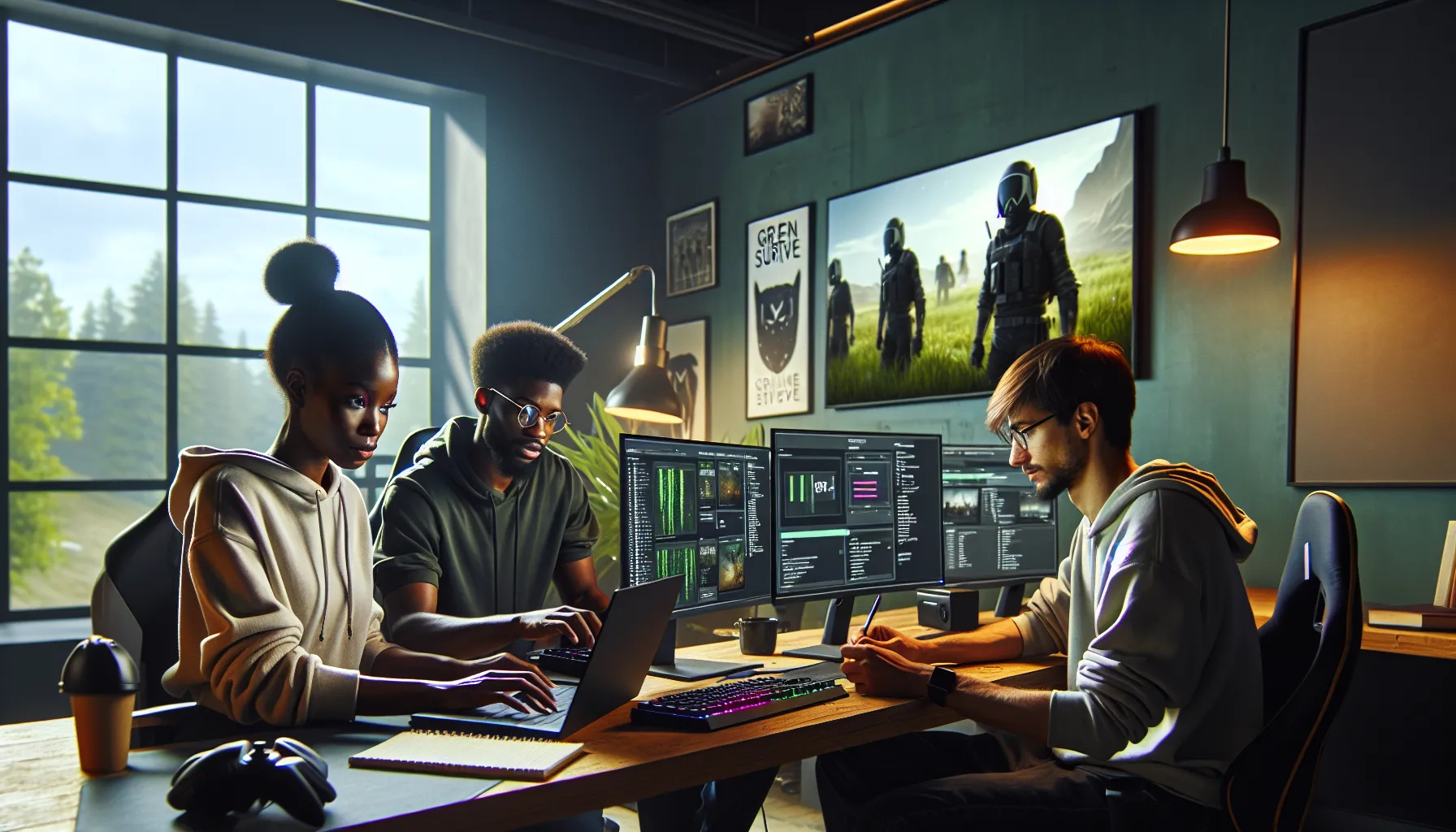 gamers troubleshooting streaming issues in a modern home office.