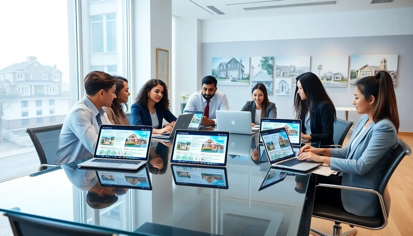 diverse real estate team collaborating in a modern office.