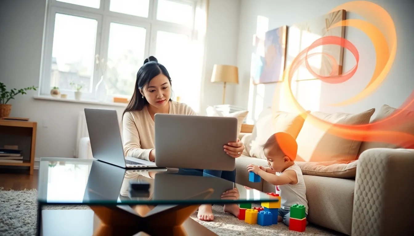 solo parent working at home with child playing nearby.