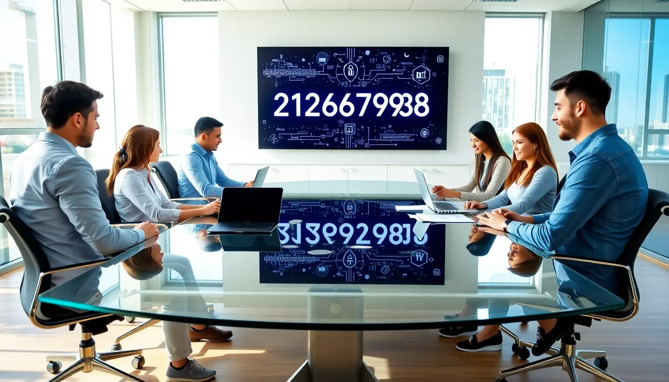 diverse professionals collaborating in a modern office setting with tech visuals.