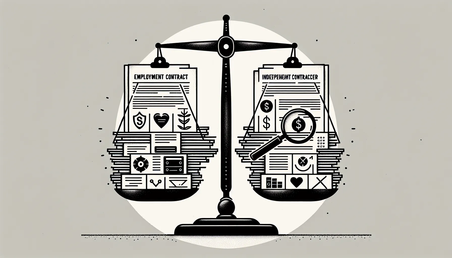 Balance scale comparing employment contract and independent contractor documents.