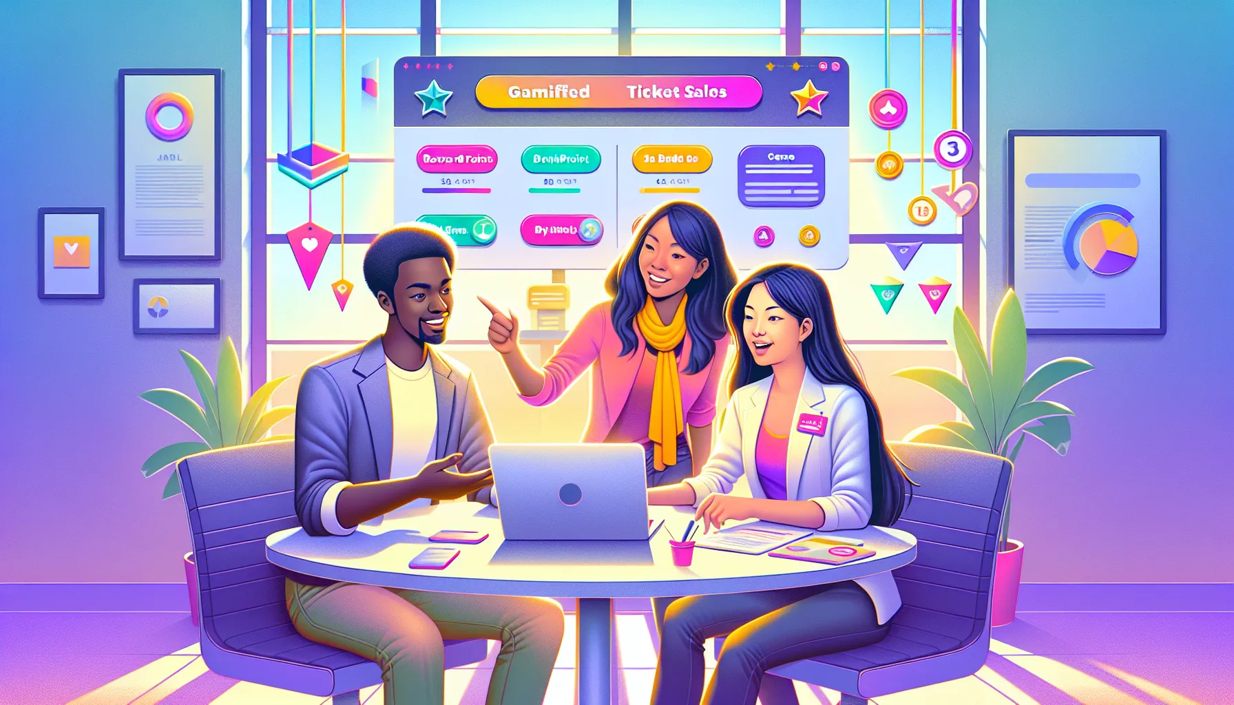 team collaborating on a gamified ticket sales website.