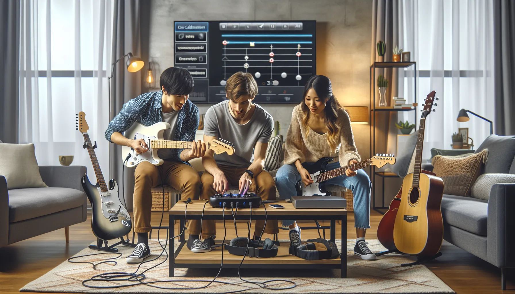 group setting up Rocksmith game with guitars in a modern living room.