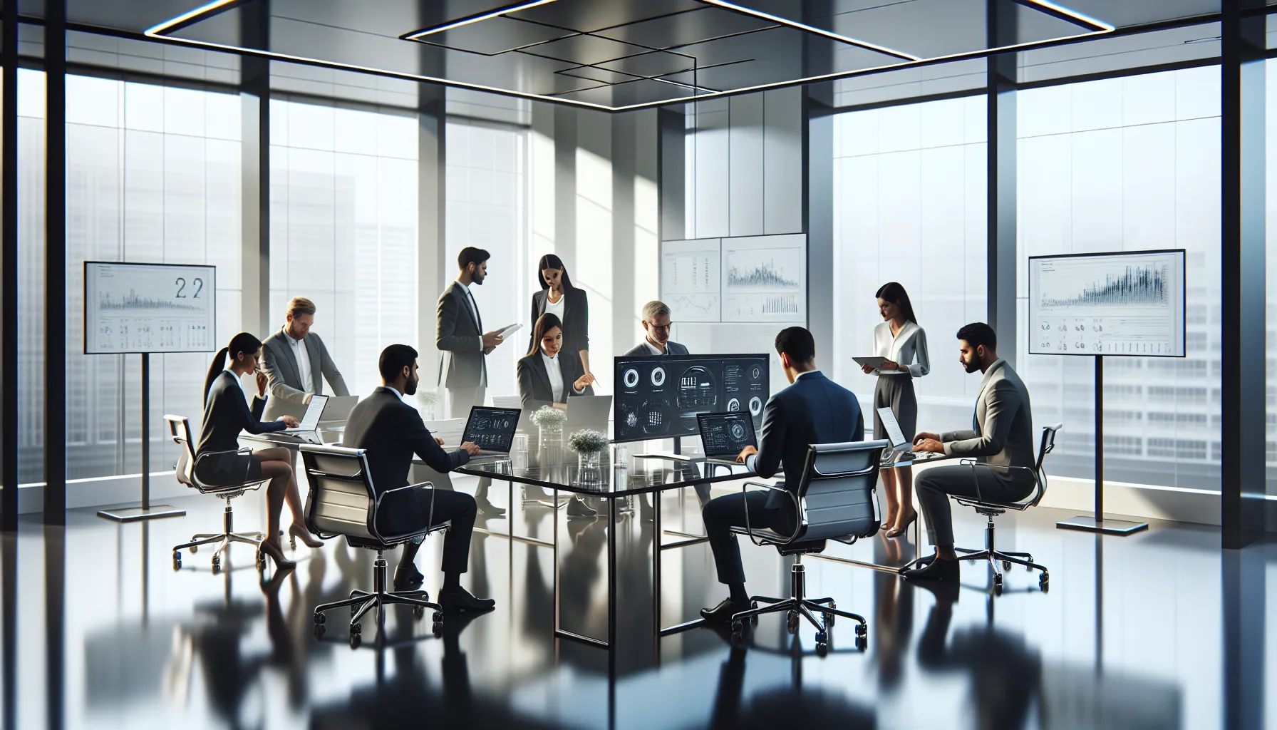 diverse team analyzing data in a modern office setting.