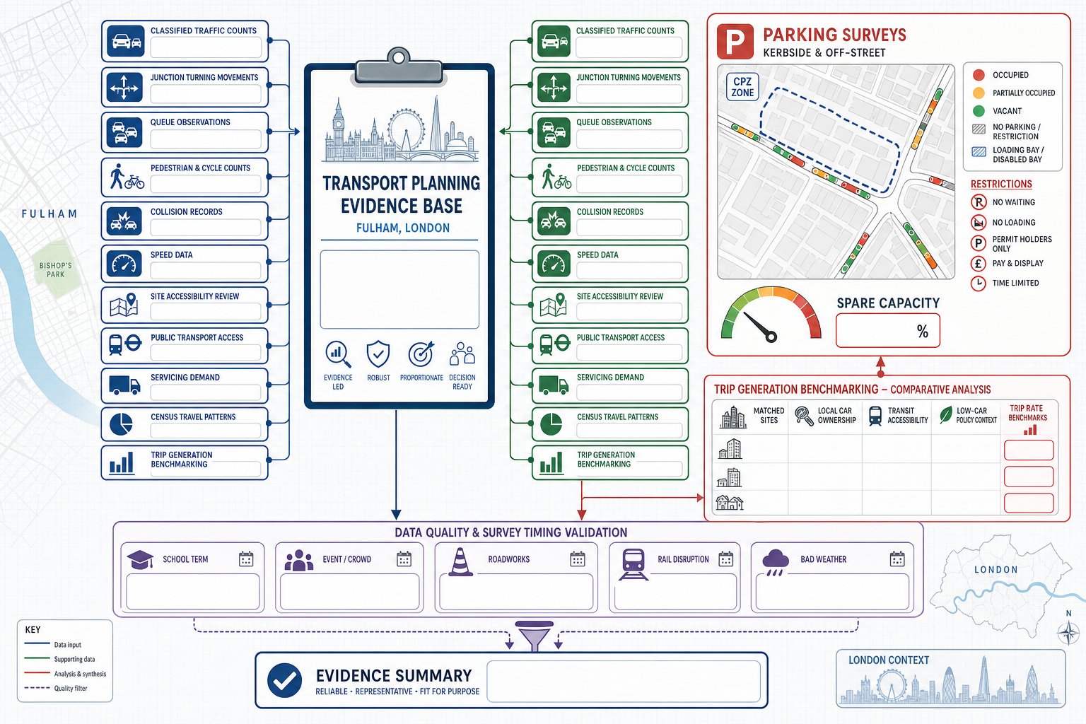 Infographic of transport surveys and evidence used for Fulham planning applications.
