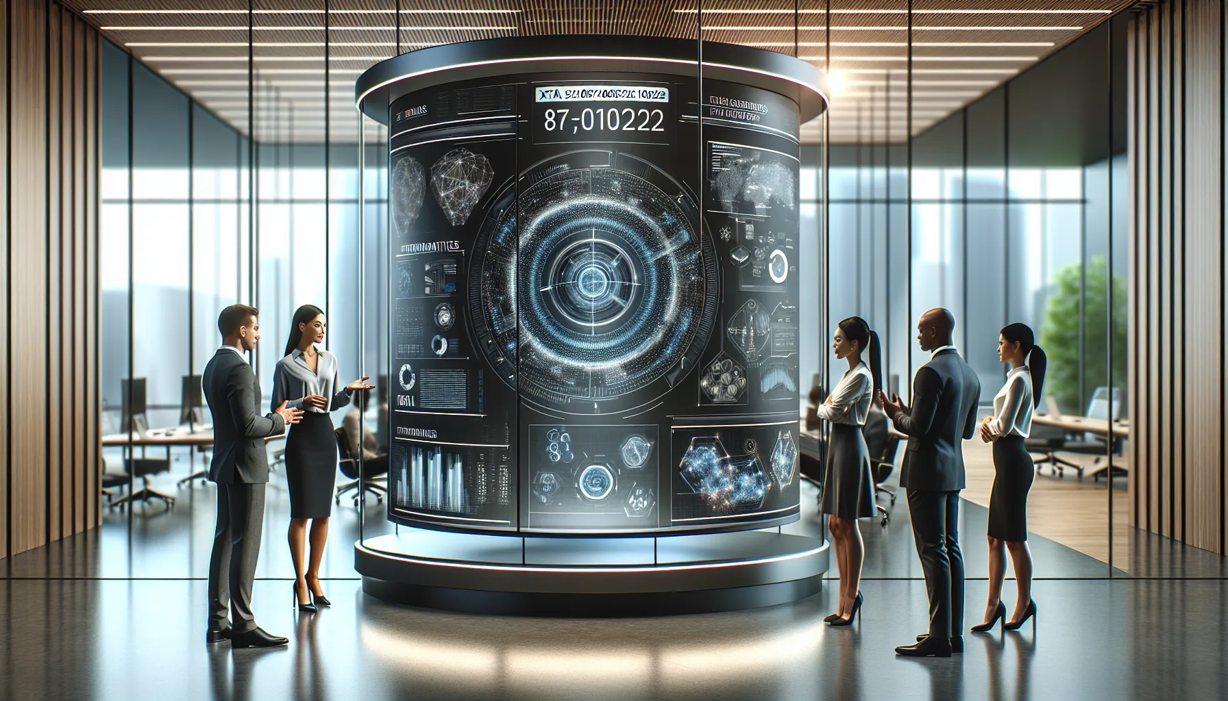 diverse professionals discussing advanced tech solutions in a modern office.