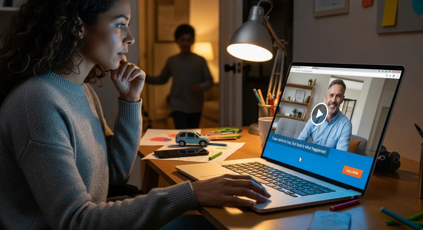 Woman at laptop about to click call button under a reassuring video testimonial.