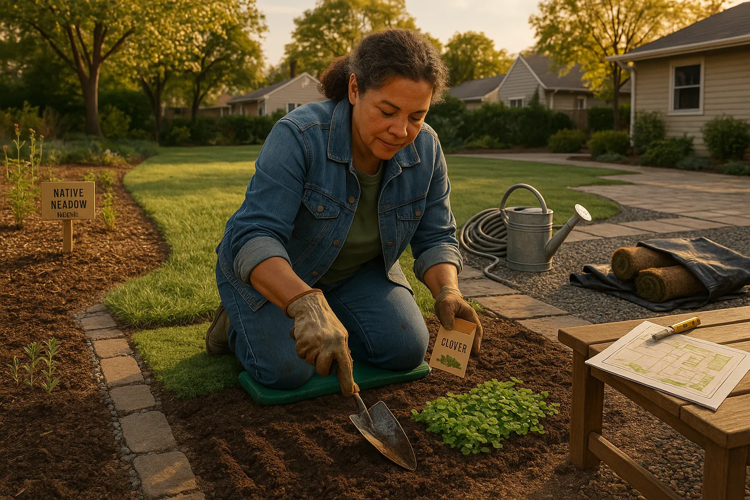 Woman planting clover in a backyard showing groundcovers and landscape conversions.