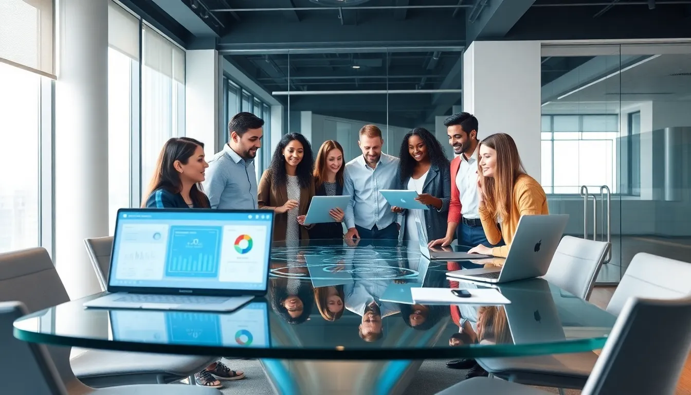 diverse team collaborating on cybersecurity solutions in a modern office.