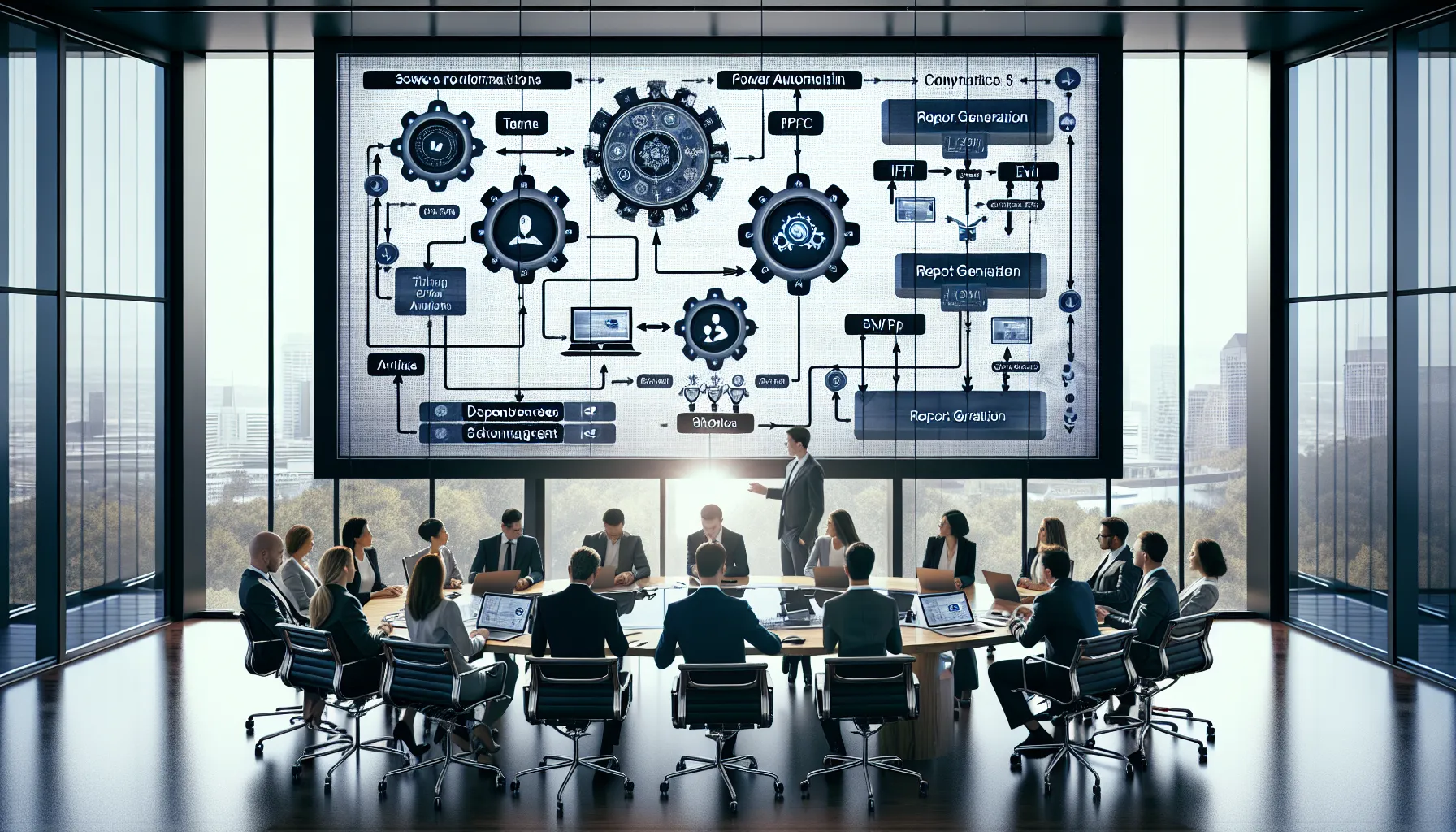 Diverse analytics team designing Microsoft Power Automate reporting workflows in a modern office.