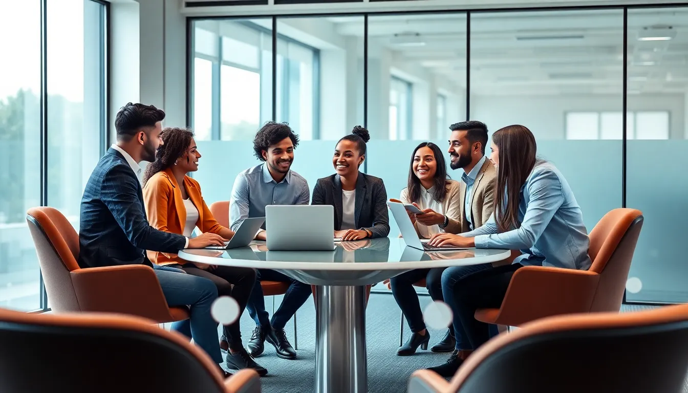 diverse team discussing digital communication trends in a modern office.