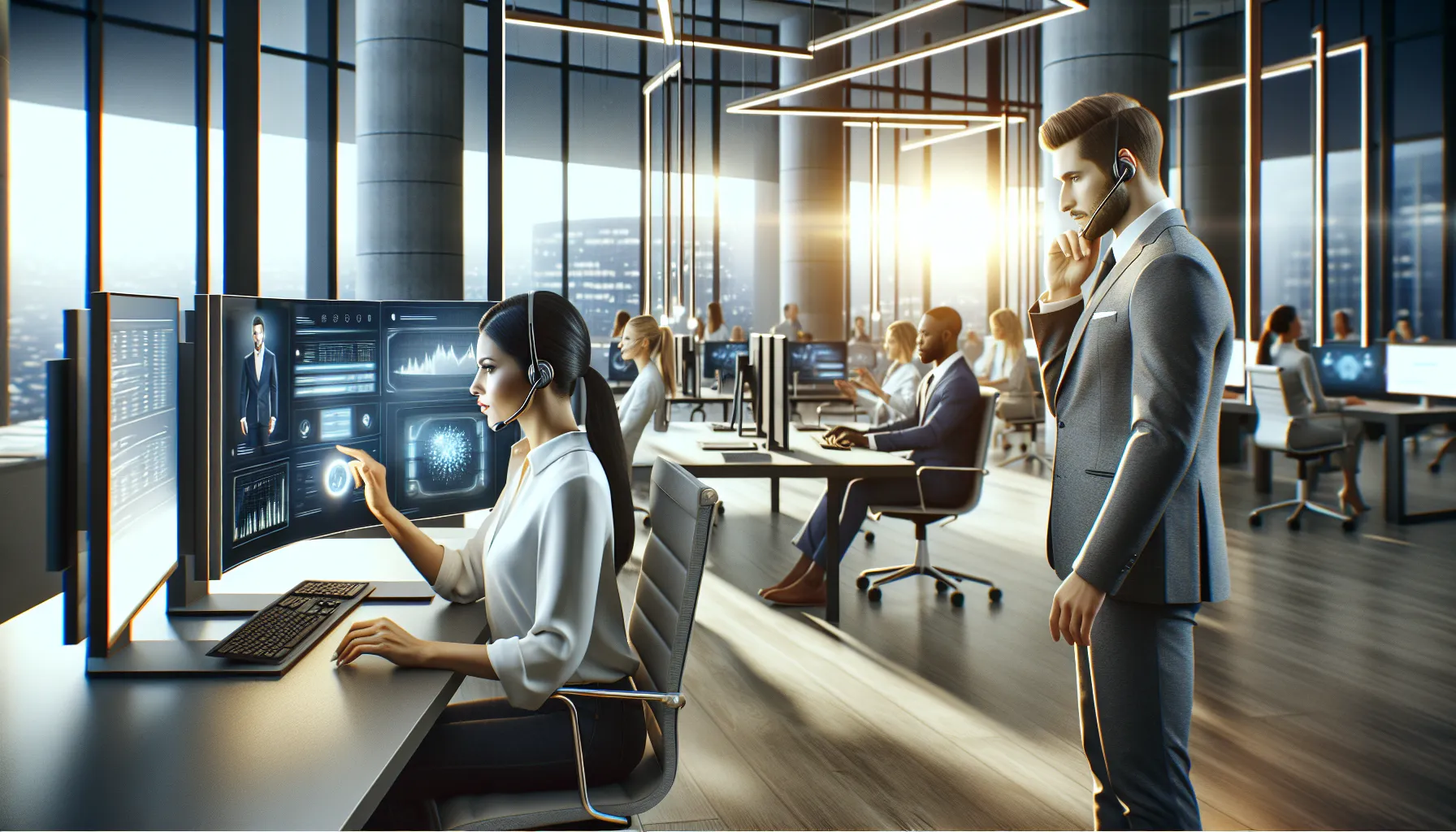 diverse team in a modern call center using AI technology.