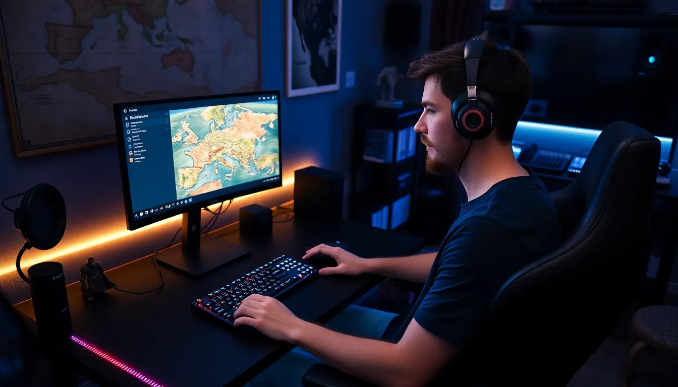 a young man using CK2Generator to create gameplay scenarios on his computer.