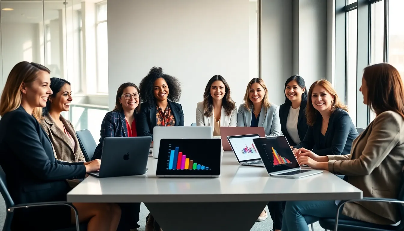diverse group of women brainstorming side hustle ideas in a modern office.