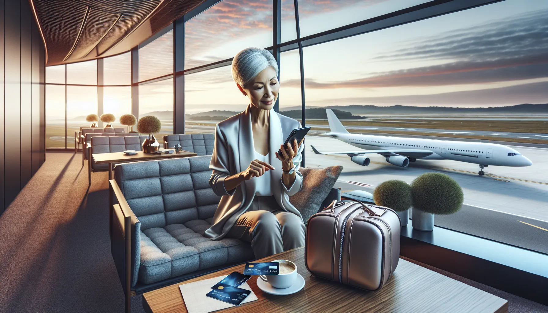 A traveler in an airport lounge reviewing a notification on their smartphone.