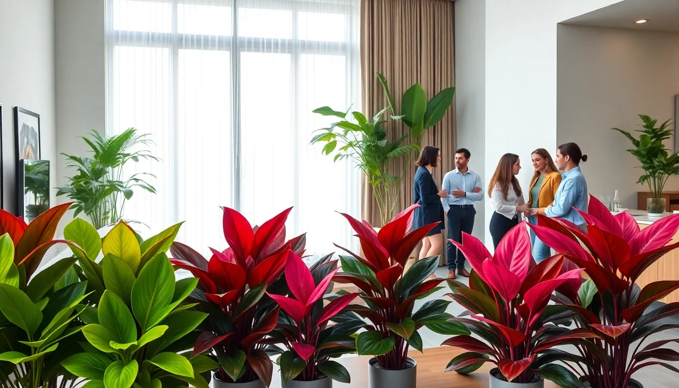 diverse people admiring vibrant Aglaonema plants in a modern living room.