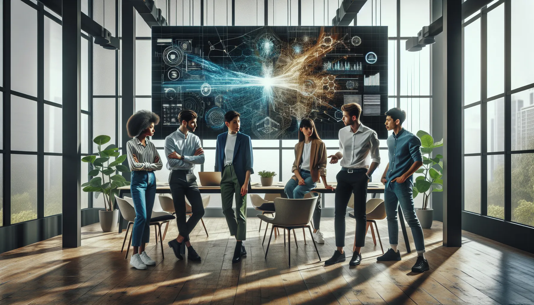 diverse professionals discussing innovative ideas in a modern office.