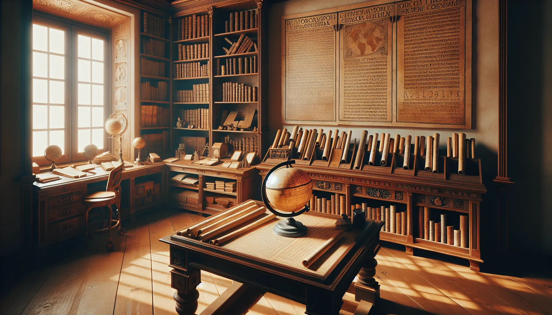 A historical study displaying scrolls and a globe symbolizing BC and AD time designations.