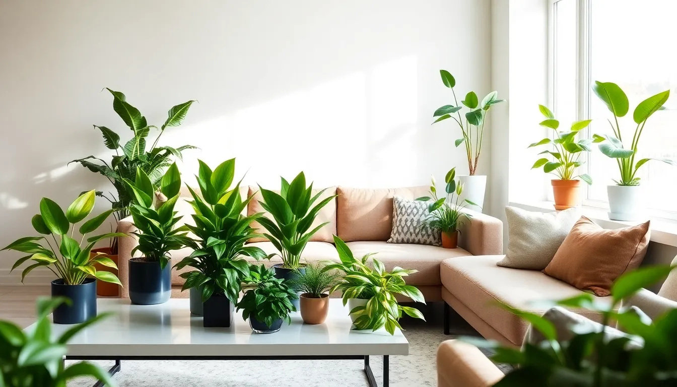 a modern living room filled with various house plants.