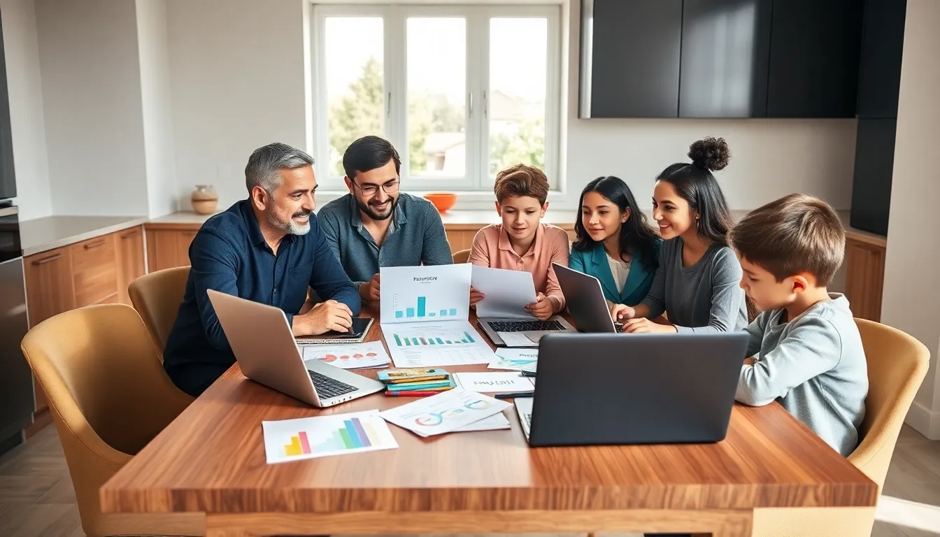 family engaged in budgeting activities at a dining table.