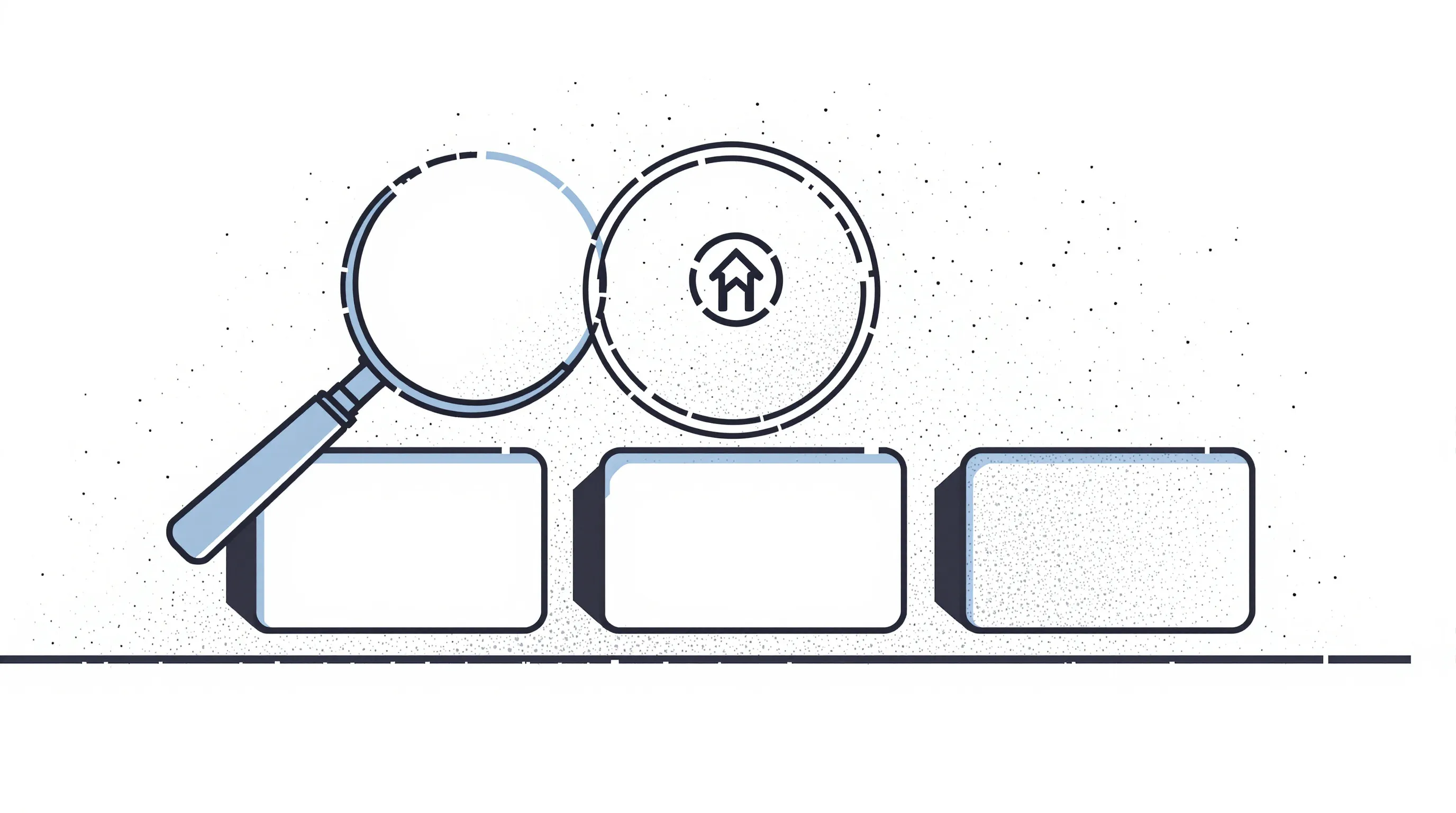 Magnifying glass over three minimal boxes symbolizing SEO competitor analysis and mapping.